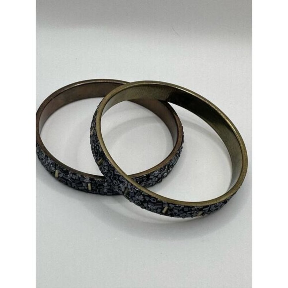 Vintage Brass & Black Beaded Bangles Set Of 2